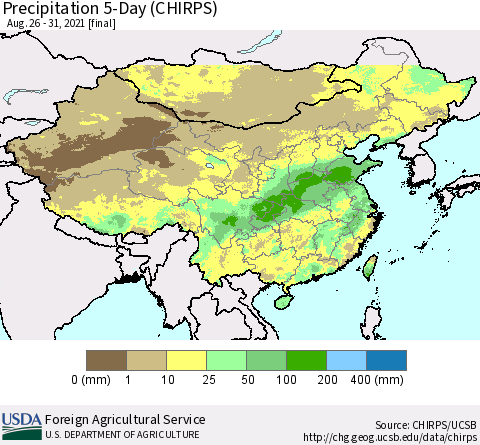 China, Mongolia and Taiwan Precipitation 5-Day (CHIRPS) Thematic Map For 8/26/2021 - 8/31/2021