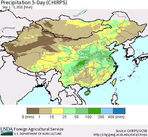 China, Mongolia and Taiwan Precipitation 5-Day (CHIRPS) Thematic Map For 9/1/2021 - 9/5/2021
