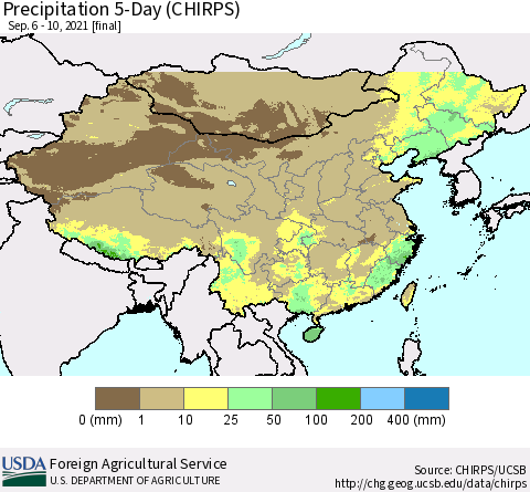 China, Mongolia and Taiwan Precipitation 5-Day (CHIRPS) Thematic Map For 9/6/2021 - 9/10/2021