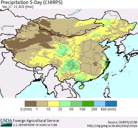 China, Mongolia and Taiwan Precipitation 5-Day (CHIRPS) Thematic Map For 9/11/2021 - 9/15/2021