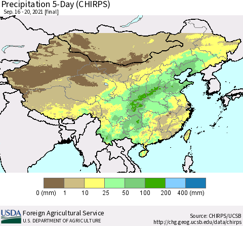 China, Mongolia and Taiwan Precipitation 5-Day (CHIRPS) Thematic Map For 9/16/2021 - 9/20/2021