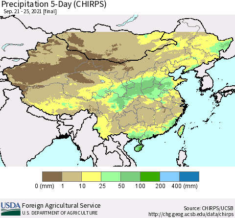 China, Mongolia and Taiwan Precipitation 5-Day (CHIRPS) Thematic Map For 9/21/2021 - 9/25/2021