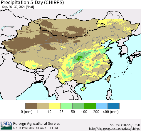 China, Mongolia and Taiwan Precipitation 5-Day (CHIRPS) Thematic Map For 9/26/2021 - 9/30/2021