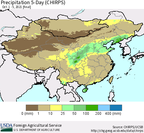 China, Mongolia and Taiwan Precipitation 5-Day (CHIRPS) Thematic Map For 10/1/2021 - 10/5/2021