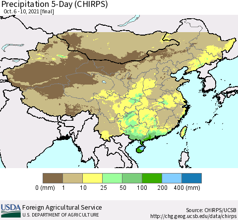 China, Mongolia and Taiwan Precipitation 5-Day (CHIRPS) Thematic Map For 10/6/2021 - 10/10/2021