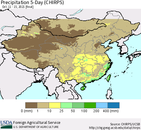 China, Mongolia and Taiwan Precipitation 5-Day (CHIRPS) Thematic Map For 10/11/2021 - 10/15/2021