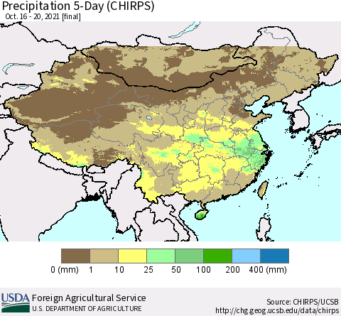 China, Mongolia and Taiwan Precipitation 5-Day (CHIRPS) Thematic Map For 10/16/2021 - 10/20/2021