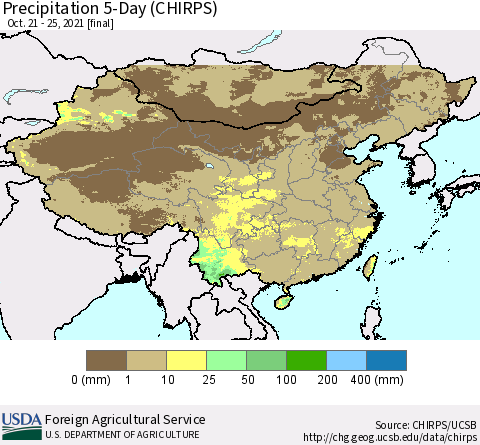 China, Mongolia and Taiwan Precipitation 5-Day (CHIRPS) Thematic Map For 10/21/2021 - 10/25/2021