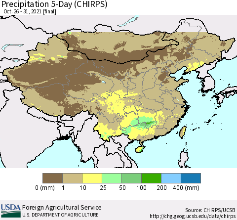 China, Mongolia and Taiwan Precipitation 5-Day (CHIRPS) Thematic Map For 10/26/2021 - 10/31/2021