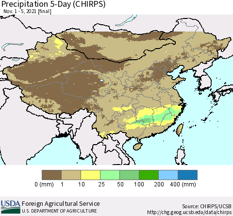 China, Mongolia and Taiwan Precipitation 5-Day (CHIRPS) Thematic Map For 11/1/2021 - 11/5/2021