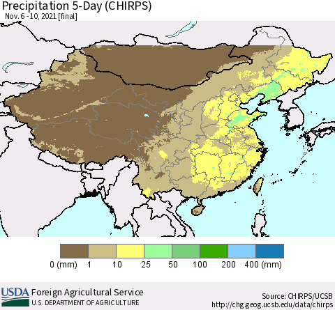China, Mongolia and Taiwan Precipitation 5-Day (CHIRPS) Thematic Map For 11/6/2021 - 11/10/2021