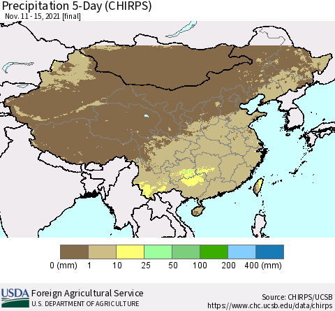 China, Mongolia and Taiwan Precipitation 5-Day (CHIRPS) Thematic Map For 11/11/2021 - 11/15/2021