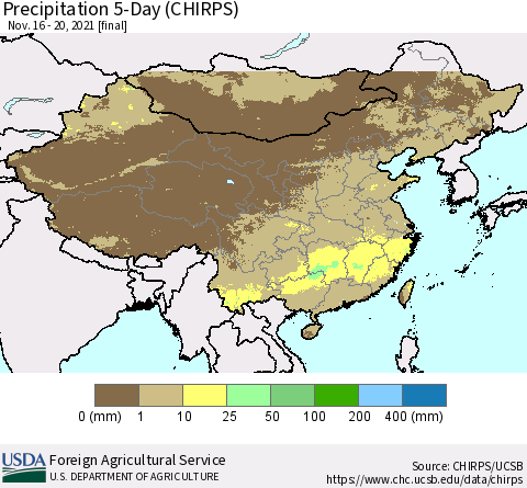 China, Mongolia and Taiwan Precipitation 5-Day (CHIRPS) Thematic Map For 11/16/2021 - 11/20/2021