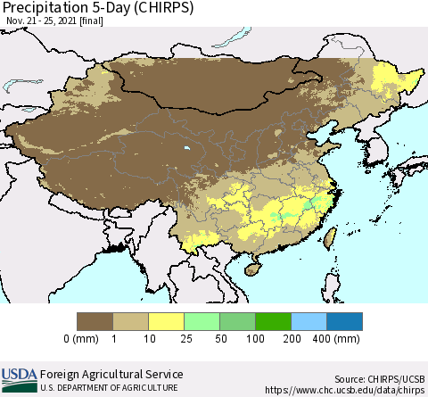 China, Mongolia and Taiwan Precipitation 5-Day (CHIRPS) Thematic Map For 11/21/2021 - 11/25/2021