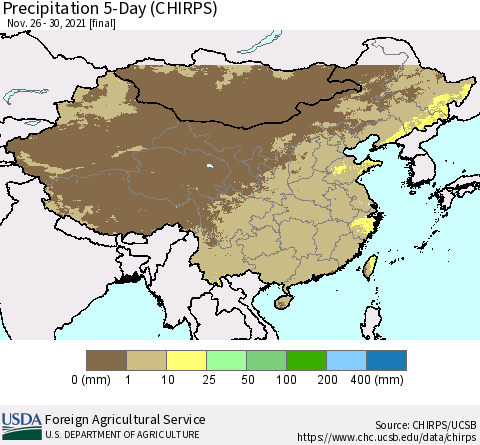 China, Mongolia and Taiwan Precipitation 5-Day (CHIRPS) Thematic Map For 11/26/2021 - 11/30/2021