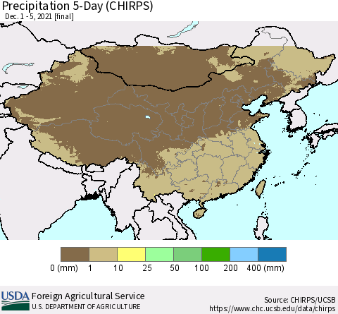 China, Mongolia and Taiwan Precipitation 5-Day (CHIRPS) Thematic Map For 12/1/2021 - 12/5/2021