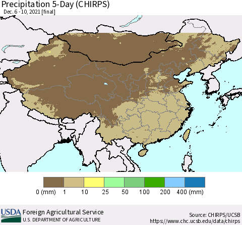 China, Mongolia and Taiwan Precipitation 5-Day (CHIRPS) Thematic Map For 12/6/2021 - 12/10/2021