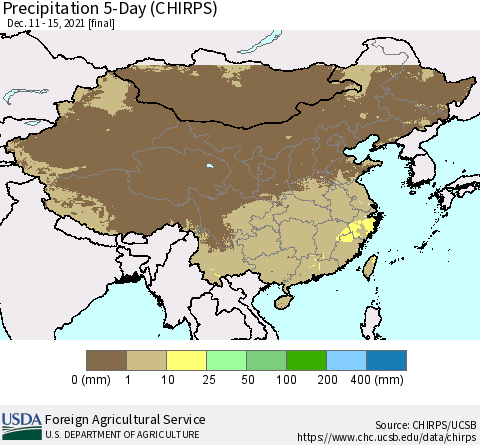 China, Mongolia and Taiwan Precipitation 5-Day (CHIRPS) Thematic Map For 12/11/2021 - 12/15/2021