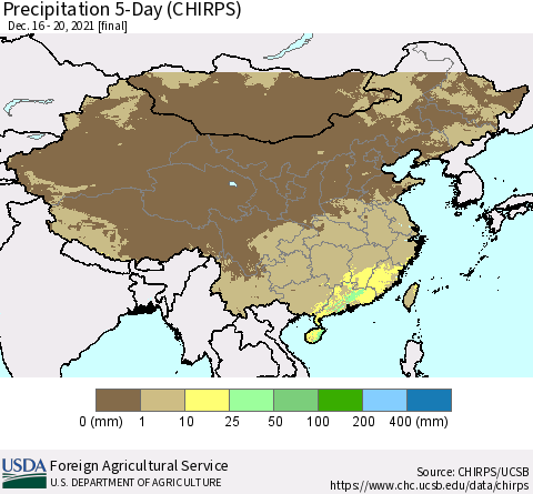 China, Mongolia and Taiwan Precipitation 5-Day (CHIRPS) Thematic Map For 12/16/2021 - 12/20/2021
