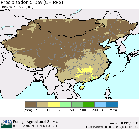 China, Mongolia and Taiwan Precipitation 5-Day (CHIRPS) Thematic Map For 12/26/2021 - 12/31/2021