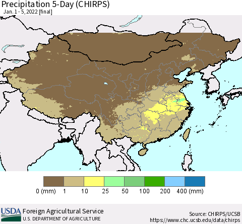 China, Mongolia and Taiwan Precipitation 5-Day (CHIRPS) Thematic Map For 1/1/2022 - 1/5/2022