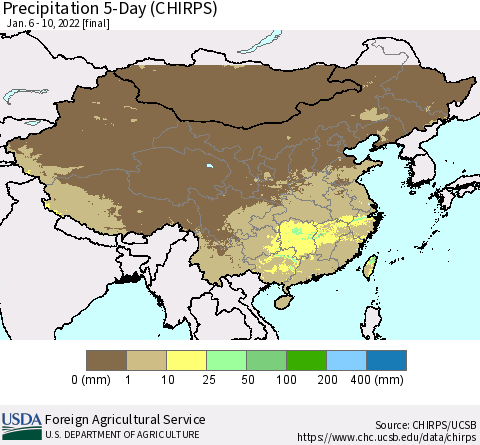 China, Mongolia and Taiwan Precipitation 5-Day (CHIRPS) Thematic Map For 1/6/2022 - 1/10/2022