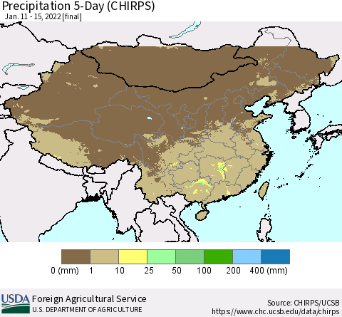China, Mongolia and Taiwan Precipitation 5-Day (CHIRPS) Thematic Map For 1/11/2022 - 1/15/2022