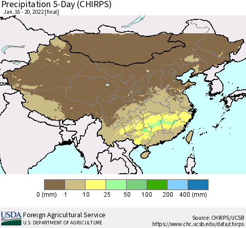 China, Mongolia and Taiwan Precipitation 5-Day (CHIRPS) Thematic Map For 1/16/2022 - 1/20/2022