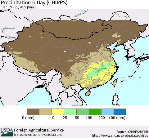 China, Mongolia and Taiwan Precipitation 5-Day (CHIRPS) Thematic Map For 1/21/2022 - 1/25/2022
