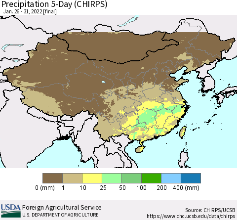 China, Mongolia and Taiwan Precipitation 5-Day (CHIRPS) Thematic Map For 1/26/2022 - 1/31/2022
