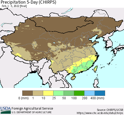 China, Mongolia and Taiwan Precipitation 5-Day (CHIRPS) Thematic Map For 2/1/2022 - 2/5/2022