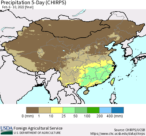 China, Mongolia and Taiwan Precipitation 5-Day (CHIRPS) Thematic Map For 2/6/2022 - 2/10/2022