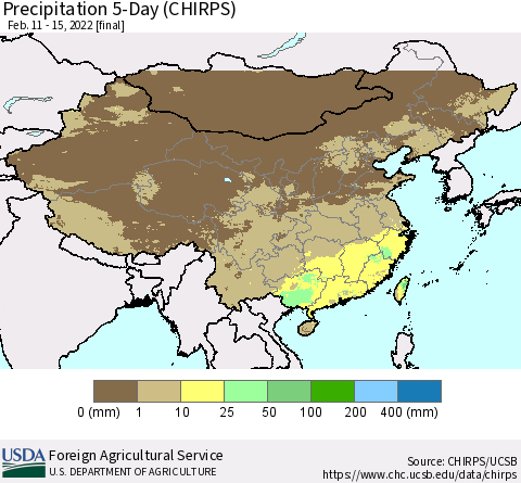 China, Mongolia and Taiwan Precipitation 5-Day (CHIRPS) Thematic Map For 2/11/2022 - 2/15/2022
