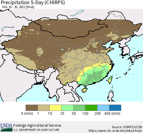 China, Mongolia and Taiwan Precipitation 5-Day (CHIRPS) Thematic Map For 2/16/2022 - 2/20/2022