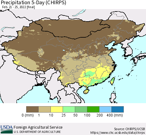 China, Mongolia and Taiwan Precipitation 5-Day (CHIRPS) Thematic Map For 2/21/2022 - 2/25/2022