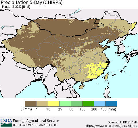 China, Mongolia and Taiwan Precipitation 5-Day (CHIRPS) Thematic Map For 3/1/2022 - 3/5/2022