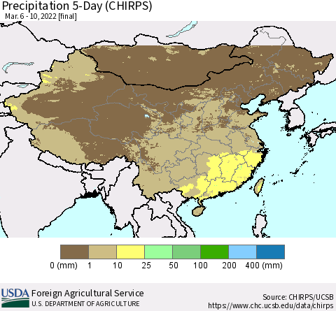 China, Mongolia and Taiwan Precipitation 5-Day (CHIRPS) Thematic Map For 3/6/2022 - 3/10/2022