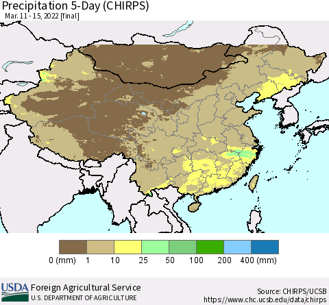 China, Mongolia and Taiwan Precipitation 5-Day (CHIRPS) Thematic Map For 3/11/2022 - 3/15/2022