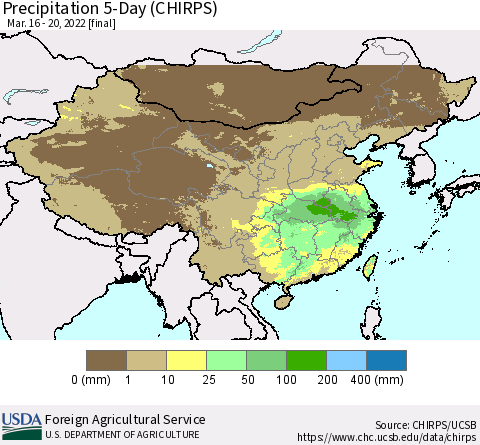 China, Mongolia and Taiwan Precipitation 5-Day (CHIRPS) Thematic Map For 3/16/2022 - 3/20/2022