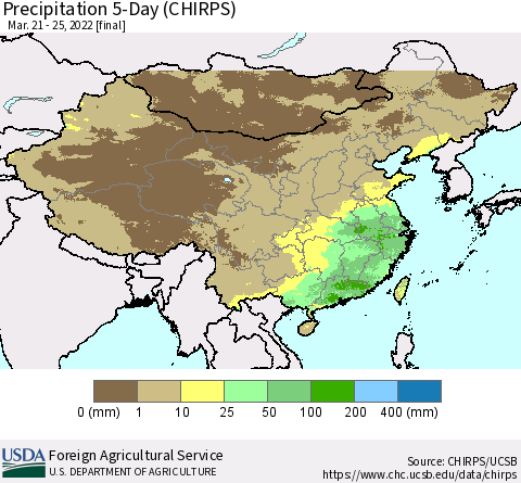 China, Mongolia and Taiwan Precipitation 5-Day (CHIRPS) Thematic Map For 3/21/2022 - 3/25/2022