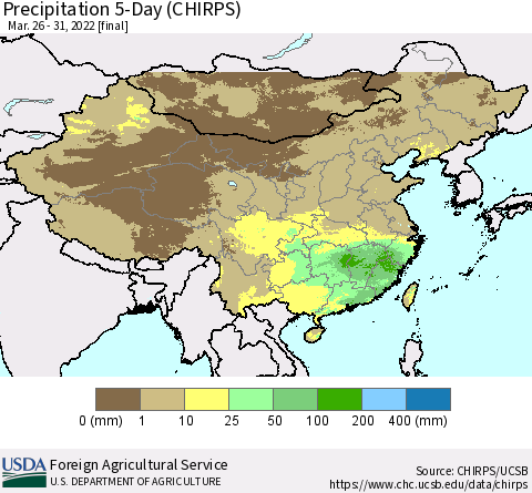 China, Mongolia and Taiwan Precipitation 5-Day (CHIRPS) Thematic Map For 3/26/2022 - 3/31/2022