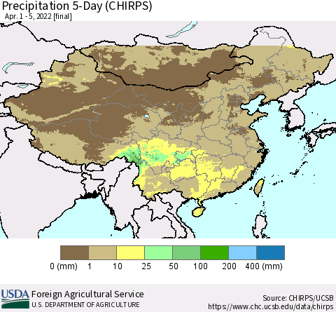 China, Mongolia and Taiwan Precipitation 5-Day (CHIRPS) Thematic Map For 4/1/2022 - 4/5/2022