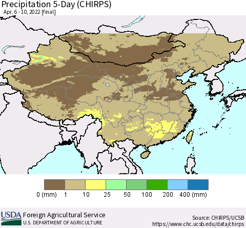 China, Mongolia and Taiwan Precipitation 5-Day (CHIRPS) Thematic Map For 4/6/2022 - 4/10/2022