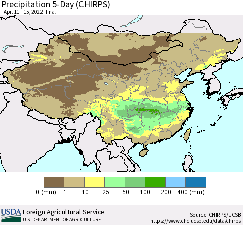 China, Mongolia and Taiwan Precipitation 5-Day (CHIRPS) Thematic Map For 4/11/2022 - 4/15/2022