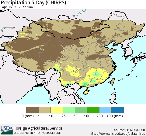 China, Mongolia and Taiwan Precipitation 5-Day (CHIRPS) Thematic Map For 4/16/2022 - 4/20/2022
