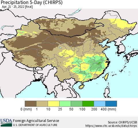China, Mongolia and Taiwan Precipitation 5-Day (CHIRPS) Thematic Map For 4/21/2022 - 4/25/2022