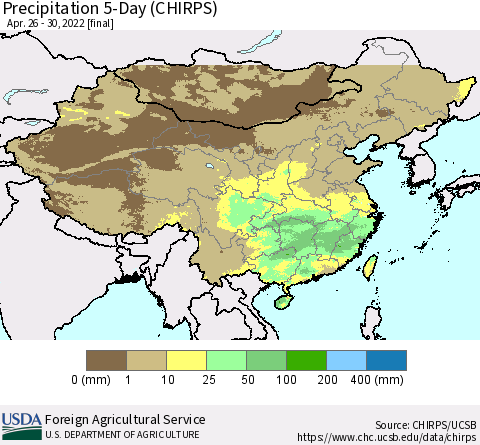 China, Mongolia and Taiwan Precipitation 5-Day (CHIRPS) Thematic Map For 4/26/2022 - 4/30/2022