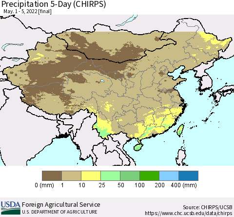 China, Mongolia and Taiwan Precipitation 5-Day (CHIRPS) Thematic Map For 5/1/2022 - 5/5/2022