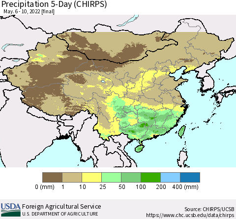 China, Mongolia and Taiwan Precipitation 5-Day (CHIRPS) Thematic Map For 5/6/2022 - 5/10/2022