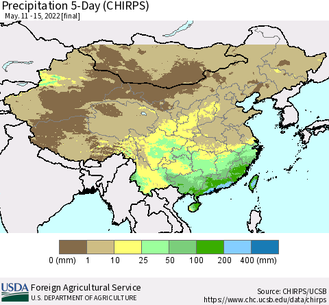 China, Mongolia and Taiwan Precipitation 5-Day (CHIRPS) Thematic Map For 5/11/2022 - 5/15/2022
